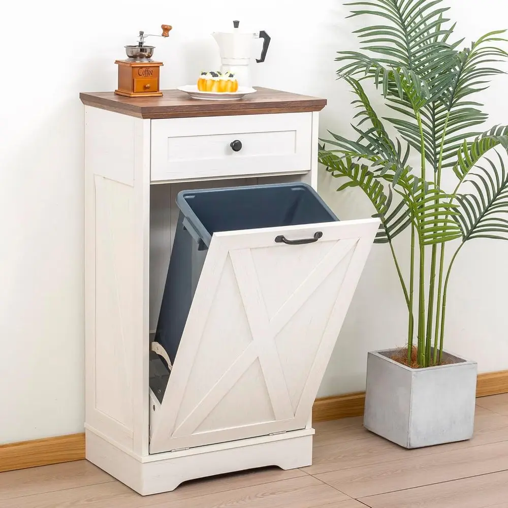 

Винтажный белый деревянный мусорный шкаф на 13 галлонов для кухни и гостиной с крышкой, защищенной от домашних животных