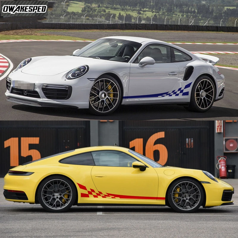

2PCS Car Door Side Skirt Stickers For-Porsche Taycan 911 997 Tuning Accessories Racing Flag Graphics Sport DIY Vinyl Decals
