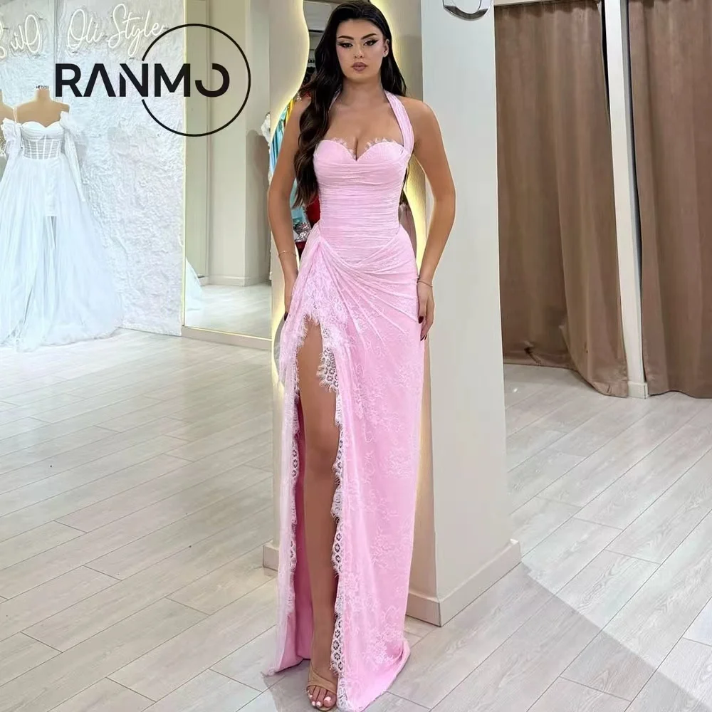 فستان سهرة نسائي فاخر من Ranmo بياقة على شكل قلب وردي 2026 على شكل حرف a وفتحة جانبية عالية وطيات من الدانتيل مخصصة #1