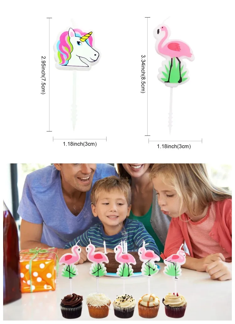 Hot 1Set of 5PCS Birthday Candles Kids First Birthday Party Cake Decoration Animal Flamingo Unicorn Candle Smokeless DIY