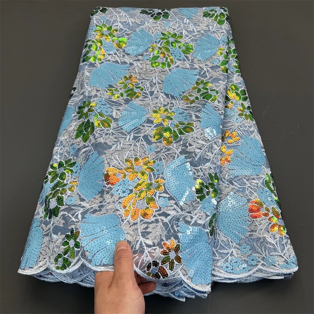 2025 الأفريقي النيجيري عالية الجودة الترتر تول تطريز أقمشة الدانتيل 5 ياردة الخياطة الخرز حجر لفساتين الحفلة الراقصة PS0075