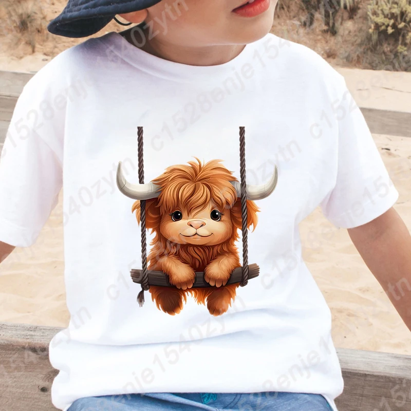 Highland Cow Graphic T-shirts For Children Boys Summer Short Sleeve Round Neck Tops New Fashion Kids Cute Solid Color Tee Shirts