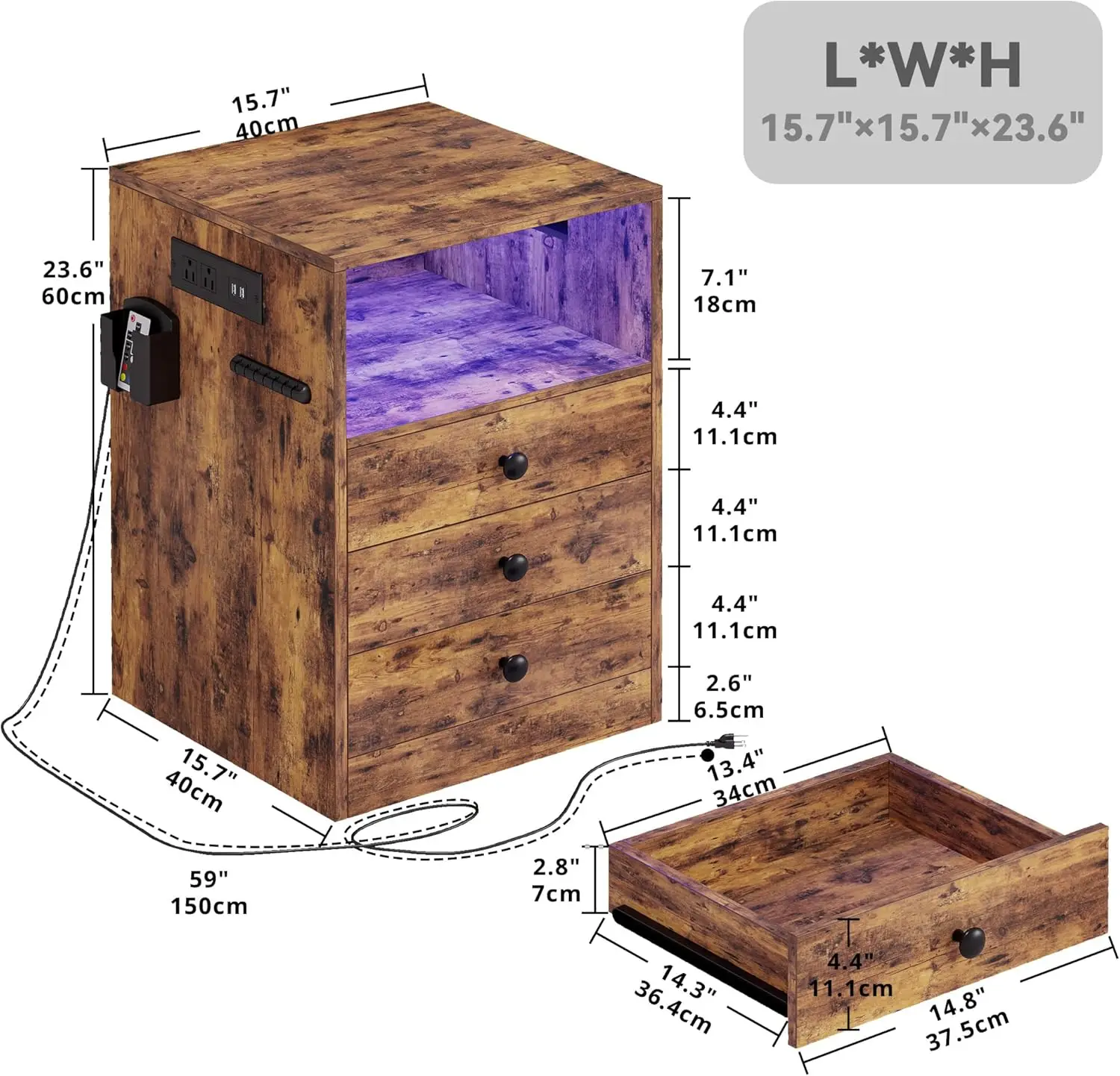 Nightstand with Charging Station and 3 Drawers, LED Lights End Side Table with Interchangeable sockets and Hooks