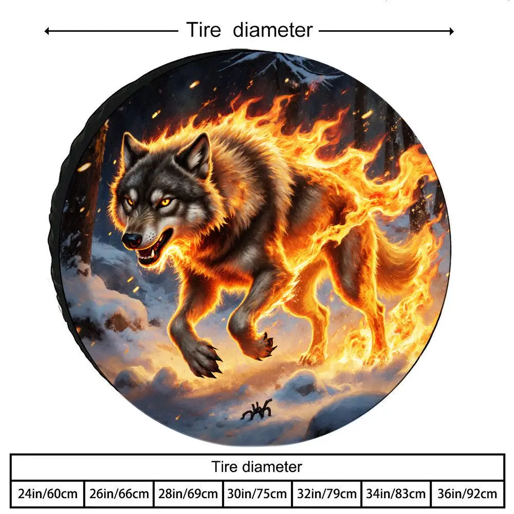 Tire Cover With Design Of  Wolf In A Snowy Forest At Night, Made Of Polyester Fiber. It Features Glow-In-The-Dark Wolf Eyes