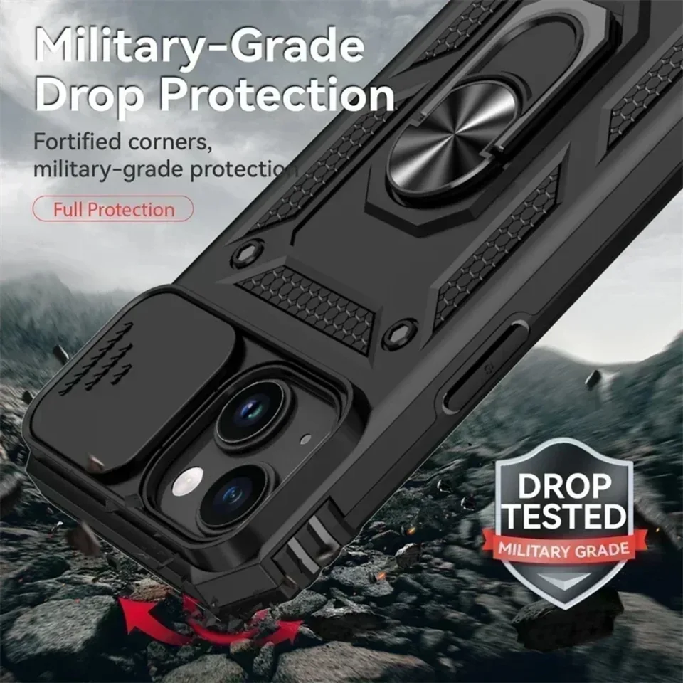 Funda blindada de grado militar con anillo giratorio y lente de cámara deslizante para iPhone 17 16 E 14 13 12 11 15 Pro Max Plus Mini 5