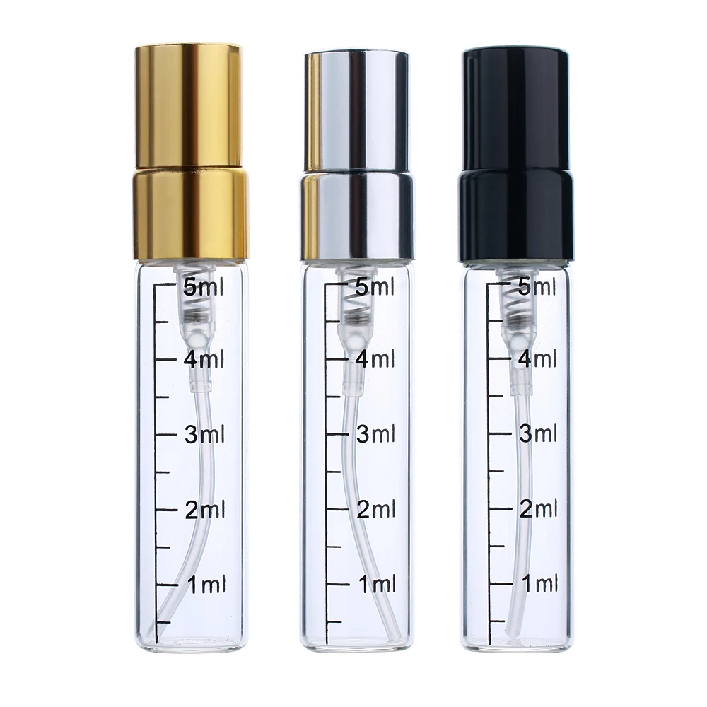 100 個 5 ミリリットルファインミストスプレーボトルポータブル段階ガラス詰め替え香水ボトルサンプル噴霧器空ボトルバイアル