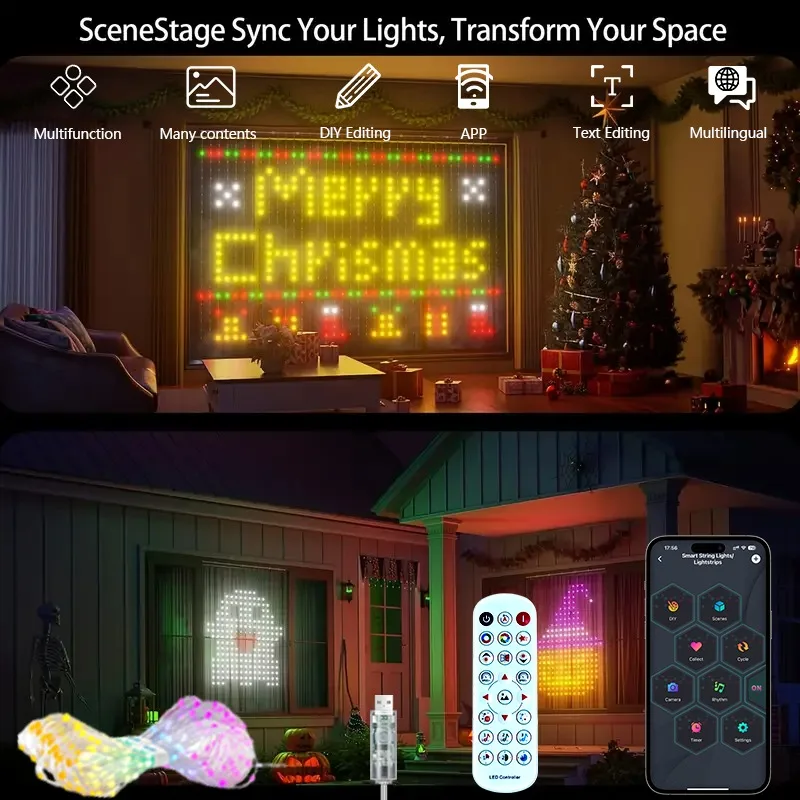 Intelligente Vorhangbeleuchtung, RGB-LED-String, Bluetooth, App-Steuerung, wasserdichte Lichterkette, USB, DIY-Textmuster, Display für Party-Dekoration