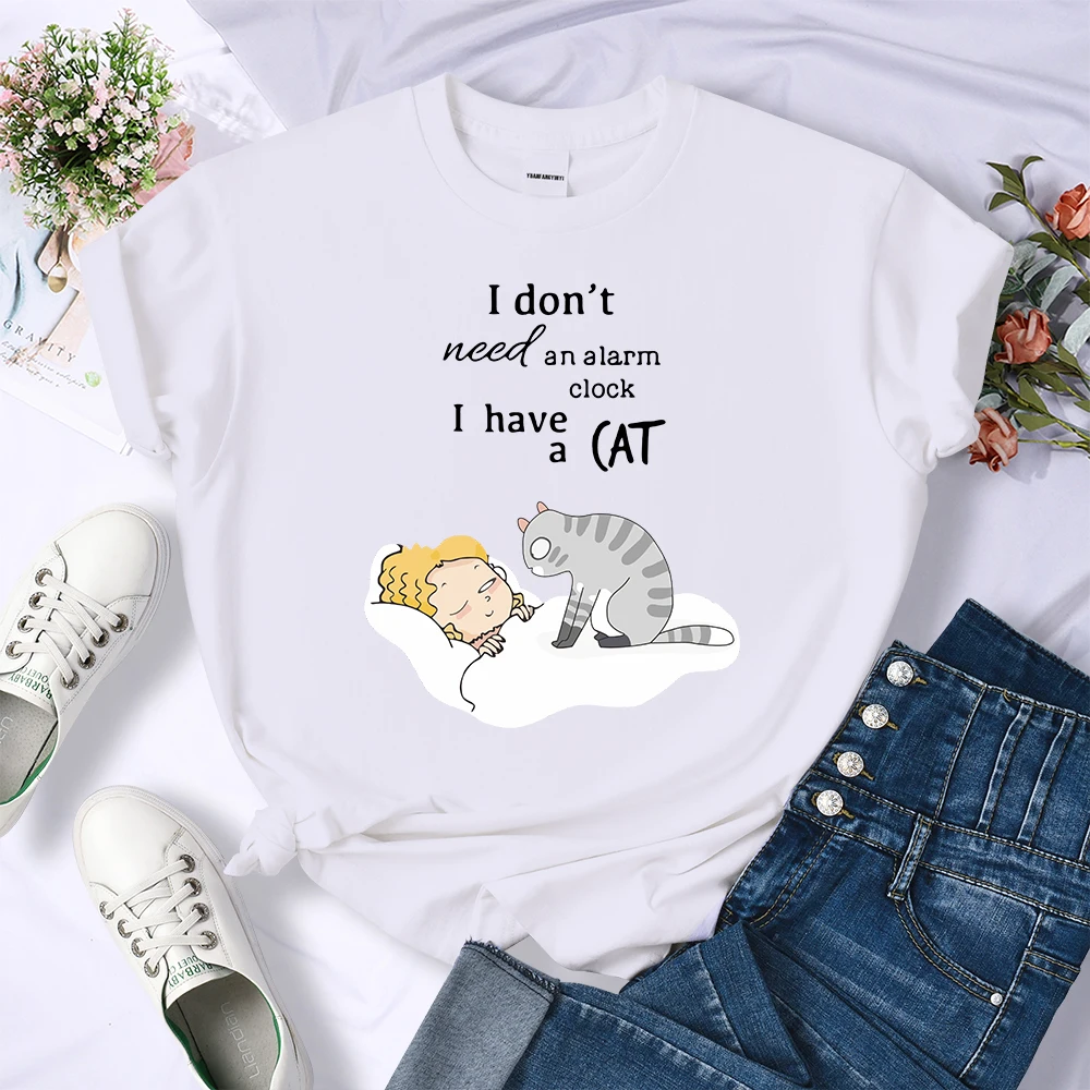 I Don'T Need An Alarm Clock I Have A Cat Female T-Shirt Street Breathable Crop Top Casual Sweat Clothes Summer O-Neck T Shirt