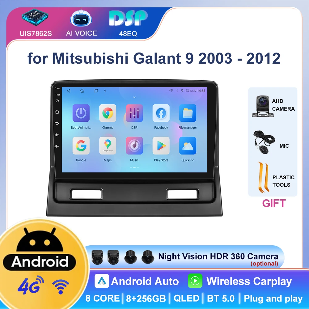 9 Inch Car GPS Audio WIFI BT Android Auto Carplay DSP RDS Stereo Video Multimedia Player Radio for Mitsubishi Galant 9 2003-2012