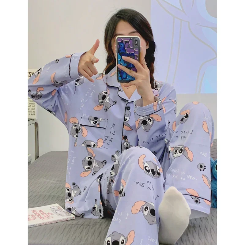 Disney Stitch otoño pantalones de algodón de manga larga conjunto de dos piezas pijamas de mujer ropa de descanso informal de dibujos animados