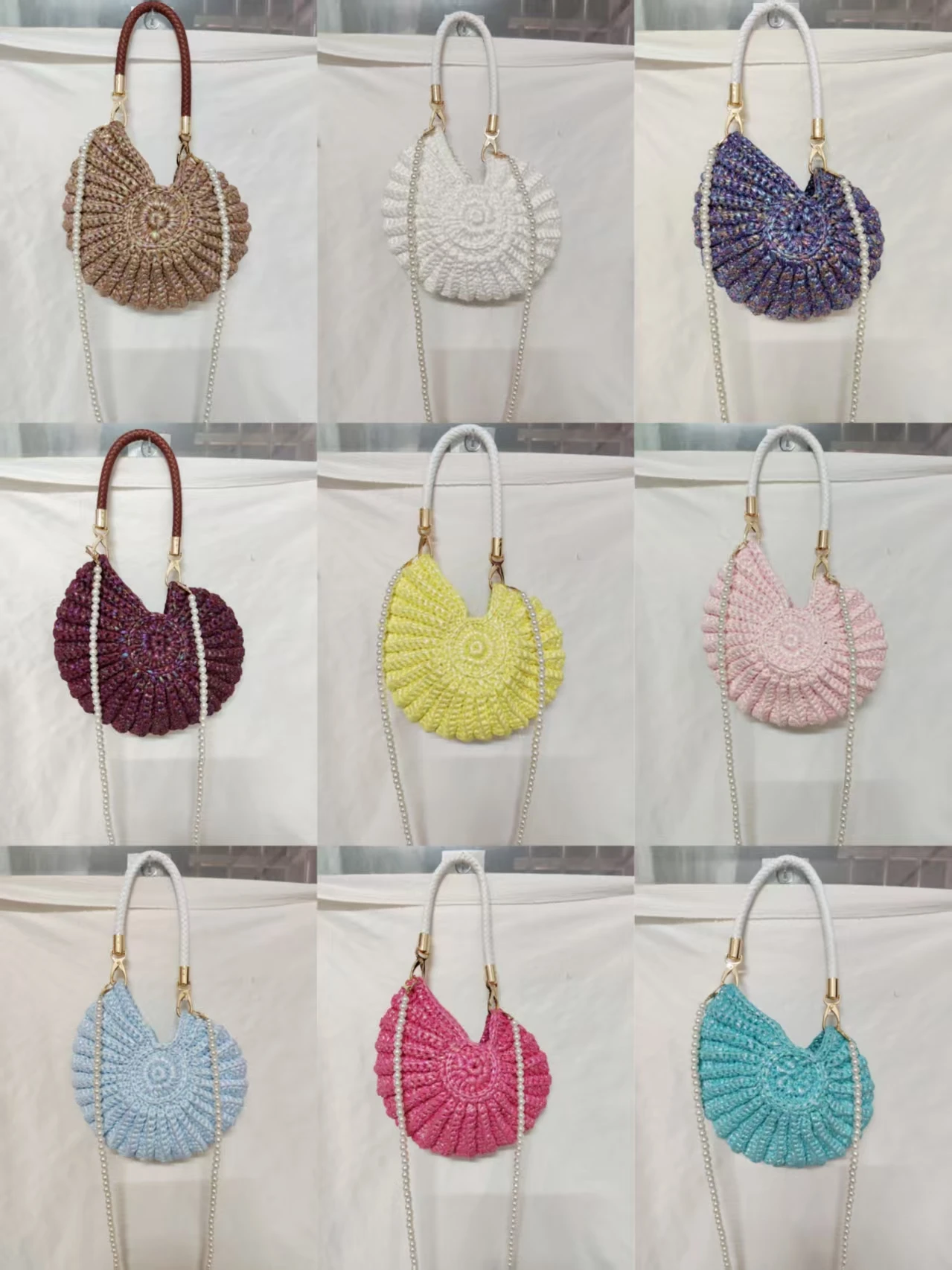 

Hand-woven Metallic Textured Shell Bag with Pearl Chain, Convertible Top Handle & Crossbody Bag for Women