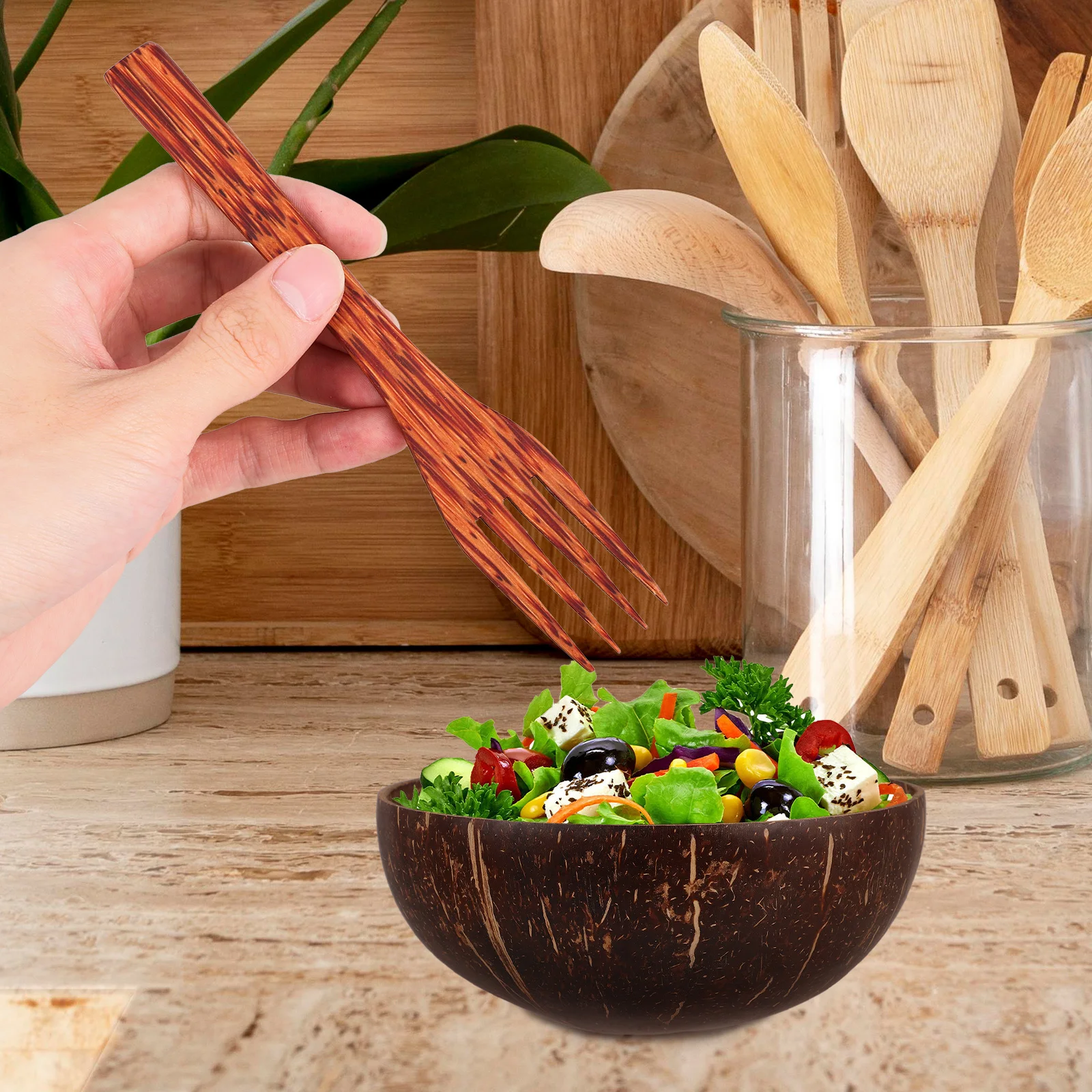 

2 set Coconut Shell Bowl Set Smooth Natural Style For Restaurant Decor Kitchen Storage Fruit Salad Serving Multi-Function Food