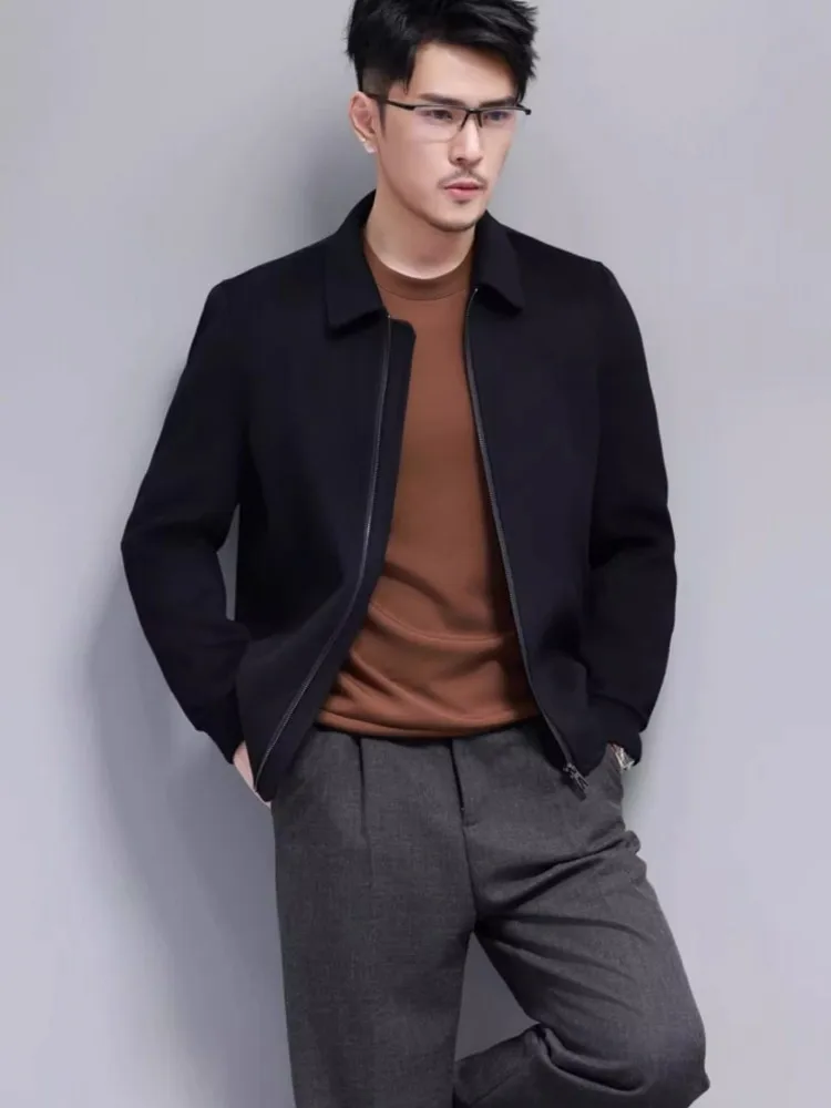 Winter Business Mens Work 100% Wool Jacket Short Style Slim Fit Zipper Lapel Collar Two Sides Soft Sheep Fur Woolen Blends Coat