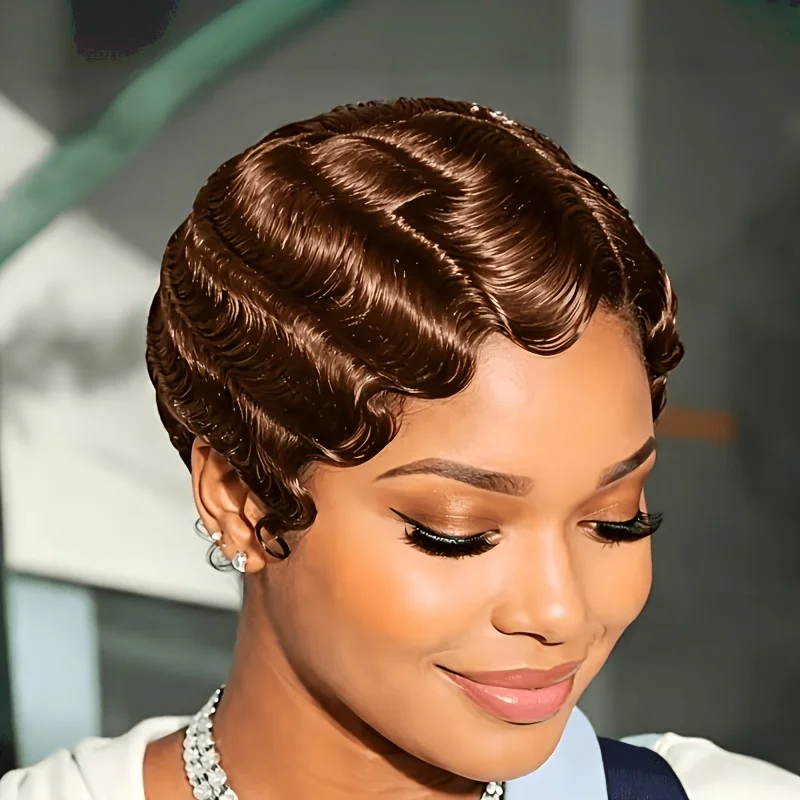 Women's Pixie Cut Human Hair Wig Finger Wave Full Machine Made Wig for Easy Care And Versatile Styling