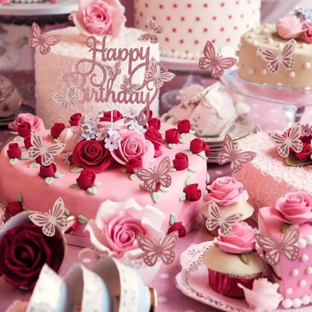 Rosa Schmetterlings-Kuchenaufsatz, 3D-Schmetterlings-Cupcake-Aufsatz für Mädchen und Frauen, alles Gute zum Geburtstag, Tortenaufsatz, Schmetterlings-Geburtstag – Detail 5