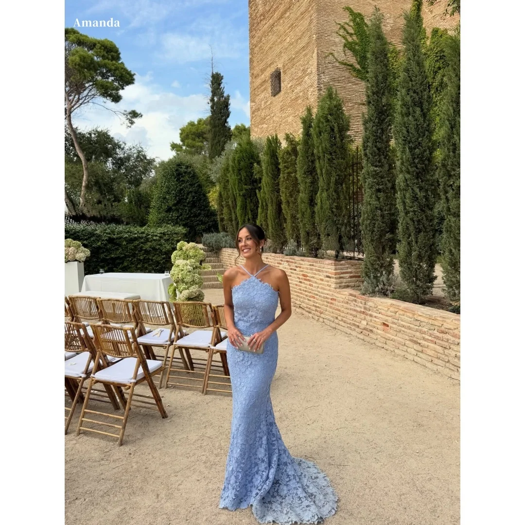 Amanda Customized Blue Mermaid Halter Neck Prom Dress Mesh Fabric vestidos de noche Floor-Length Backless Formal Evening 2025