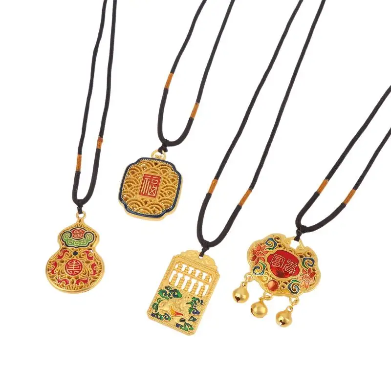 New！Premium Sand Gold Flower Wire Hollow Lucky Charm Bag Gourd Necklace Wealth Attracting Peace Lock Longevity Lock