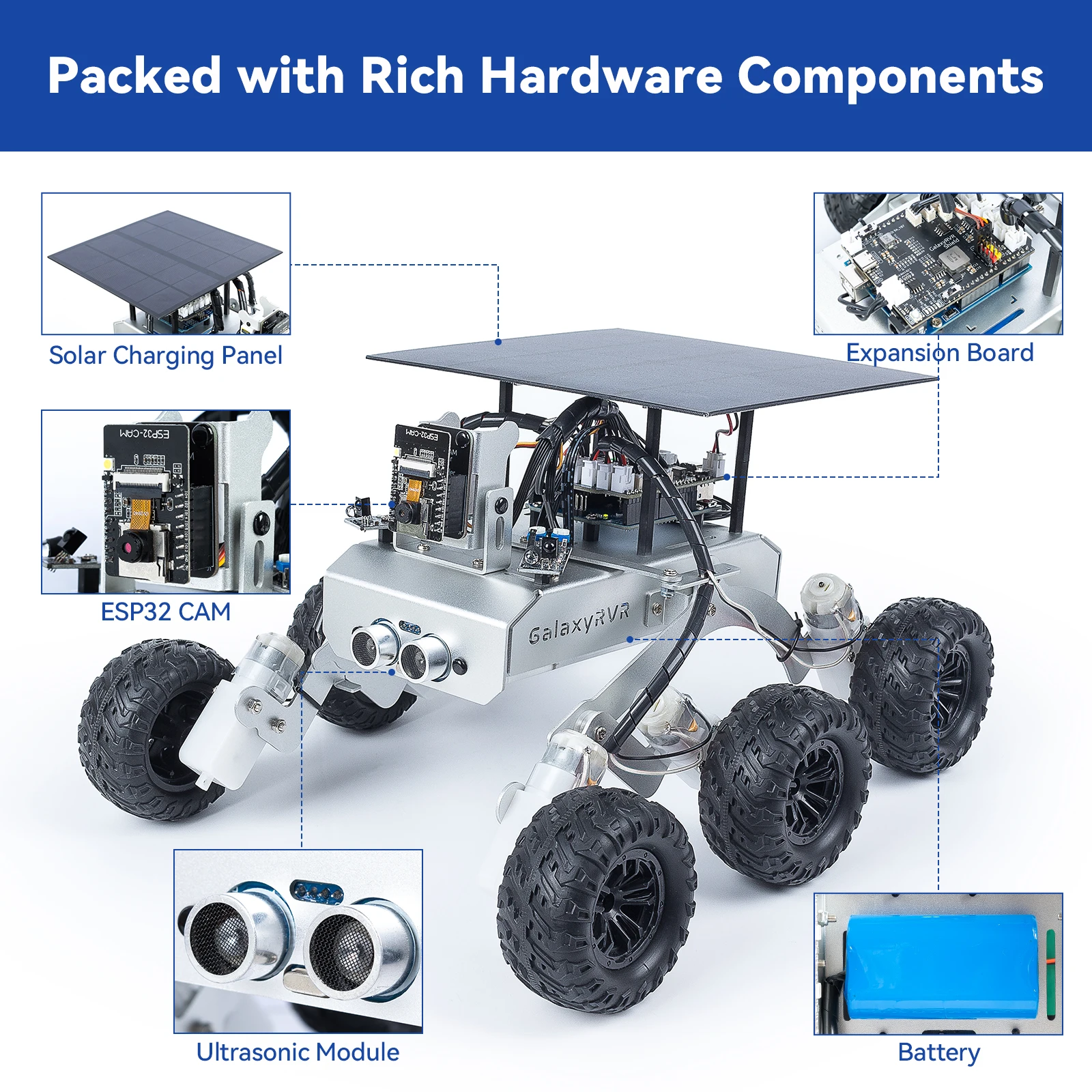 SunFounder GalaxyRVR Mars Rover Kit, inteligentny robot wideo zestaw samochodowy kompatybilny z Arduino Uno R3 z ESP32 CAM, baterie w zestawie