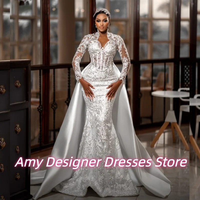 

Luxury Lace Applique Wedding Dresses With Detachable Train Long Mermaid Bride Gowns For Black Girls Customized Vestido De Novia