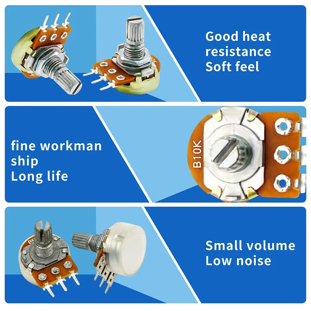 10 Chiếc WH148 Chiết Áp Bộ 1K 2 K 5K 10K 20K 50K 100K 250K 500K 1M 15Mm 3pin Tuyến Tính Côn Xoay Chiết Áp AG2 Núm Nắp