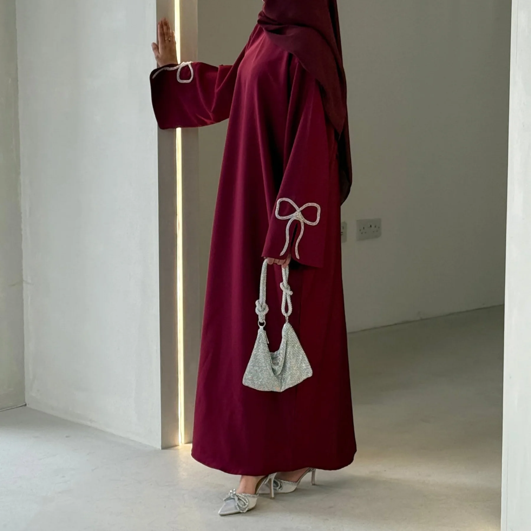 Relaxed-Regular-Fit Sleek Dubai Abaya Muslim Women Dress-Rhinestone Bowknot Accent, Side Pocket. Ramadan Eid Hijabi Islamic Robe