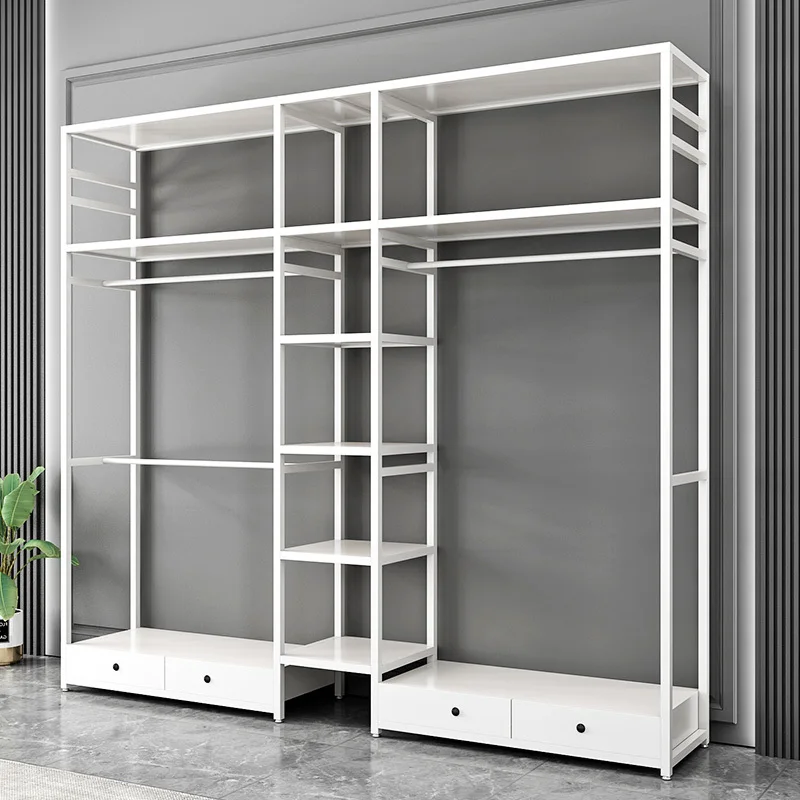 Custom. Open Wardrobe Household Hangers Bedroom Floor Clothes Rack Vertical Metal Iron Art Walk-in Coat Rack Set