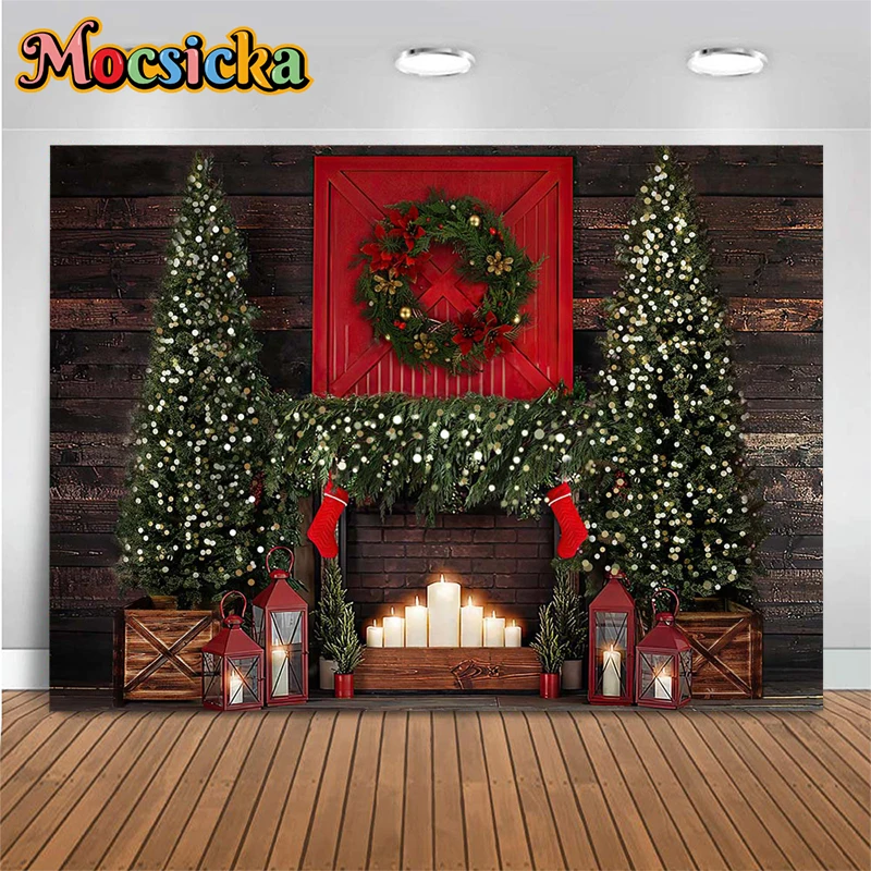 

Mocsicka Winter Christmas Decoration Photography Background Candle Red Socks Wooden Box Vintage Wall Backdrops Studio Photobooth