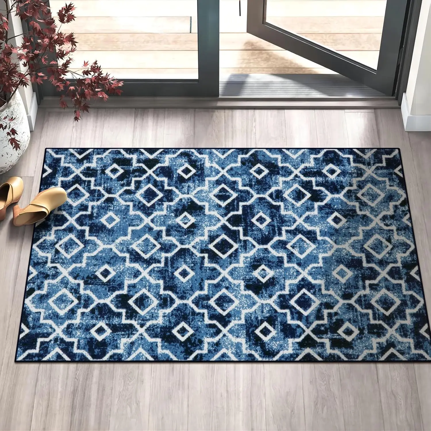 Post Blue Moroccan Welcome Door Mat, Washable Non Slip Rug for Entryway Front Door, Versatile Indoor Home Decor