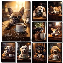 Cute Dogs Golden Retriever French Bulldog Pup Coffee Poster Print Canvas Painting Funny Animal Wall Art Kitchen Room Home Decor