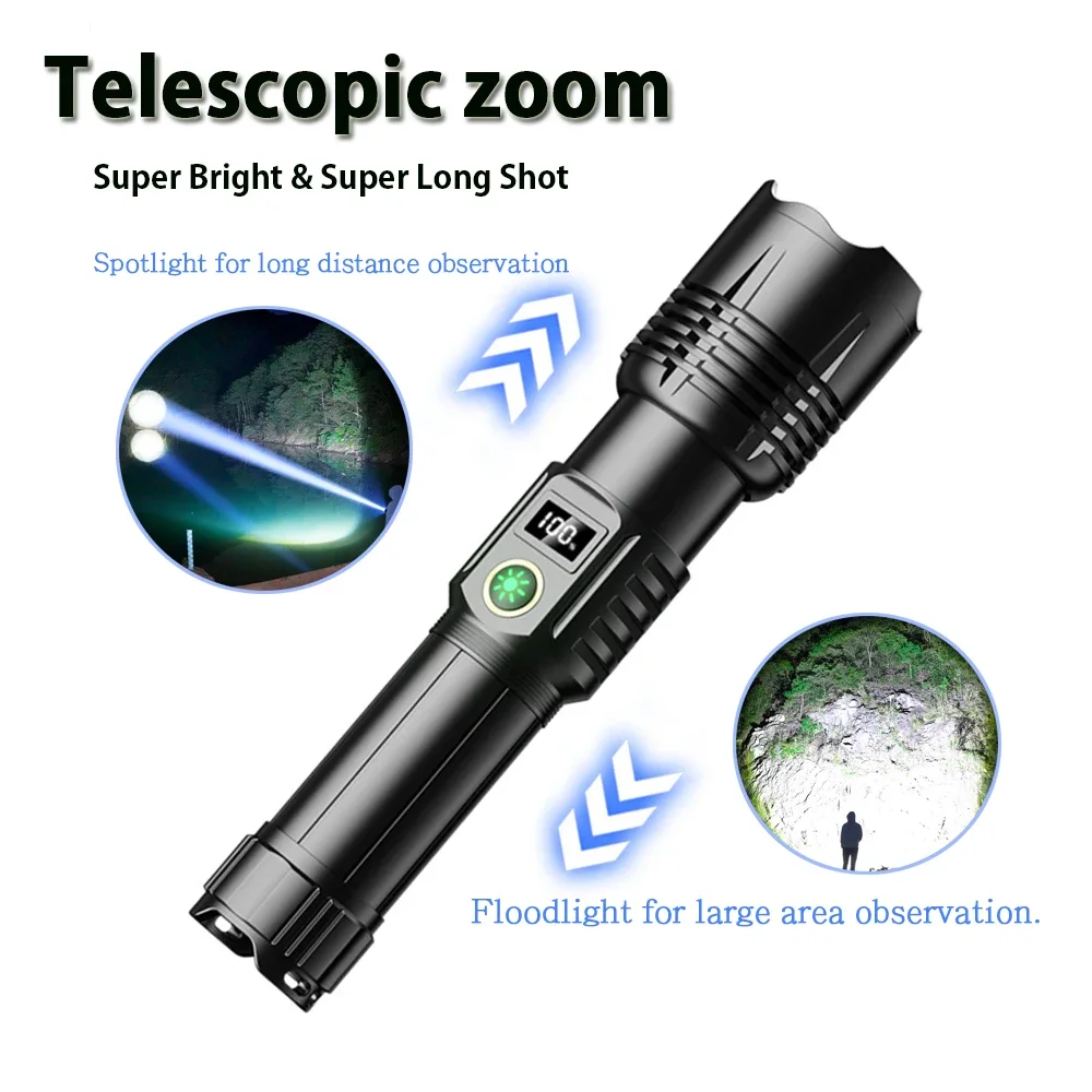 High Power Strong Light Long Range LEP Flashlight USB Charging 26650 Lithium Battery Outdoor Telescopic Zoom Super Bright Torch