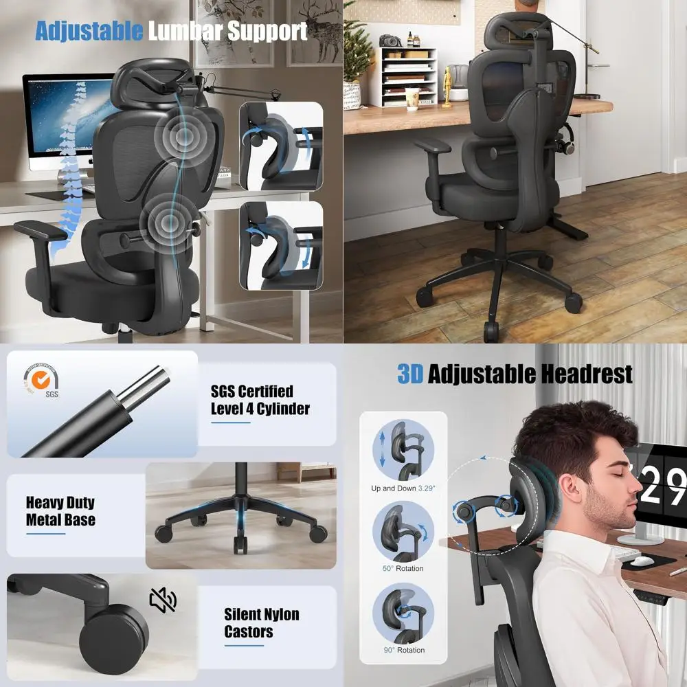 

Ergonomic High-Back Desk Chair with Adjustable Lumbar Support, 3D Armrests, and Wheels for Home and Office, Black