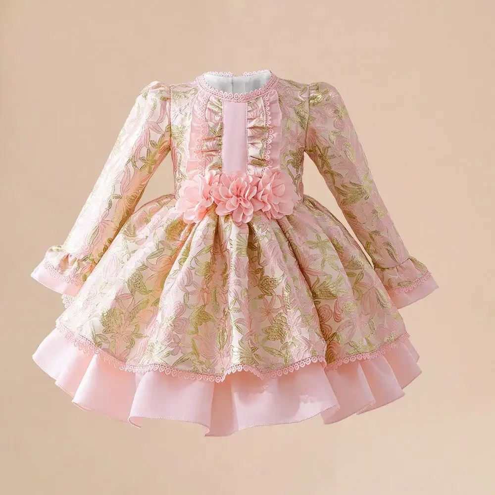 

Baby Girl Flower Dresses Printed Kids Girl Princess Dresses Ball Gown Round Neck Long Sleeves Summer High Quality Puff Vestidos