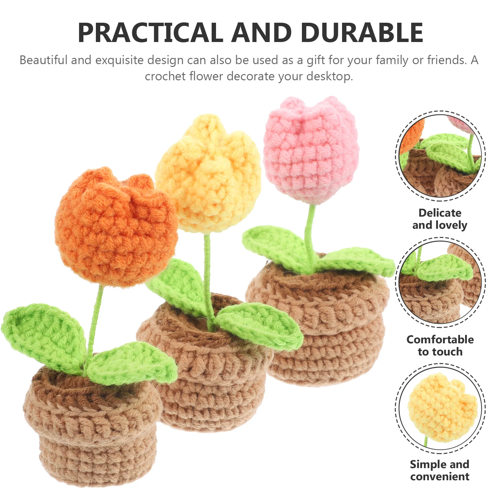 

3pcs Mini Yarn Potted Plants Crochet Flowers Simulation Bonsai Home Office Car Decor Pink Orange Yellow Tulips Material