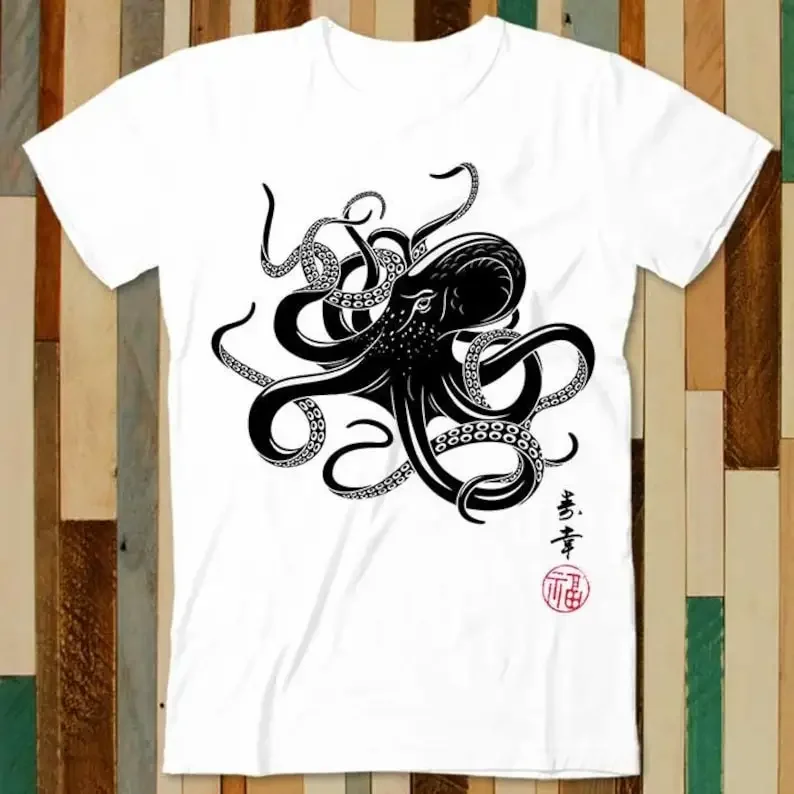 Octopus Japanese Calligraphy Gyotaku Anime Manga Black White Yoga Martial Samurai Art Japan T Shirt Tee Vintage Top A4951