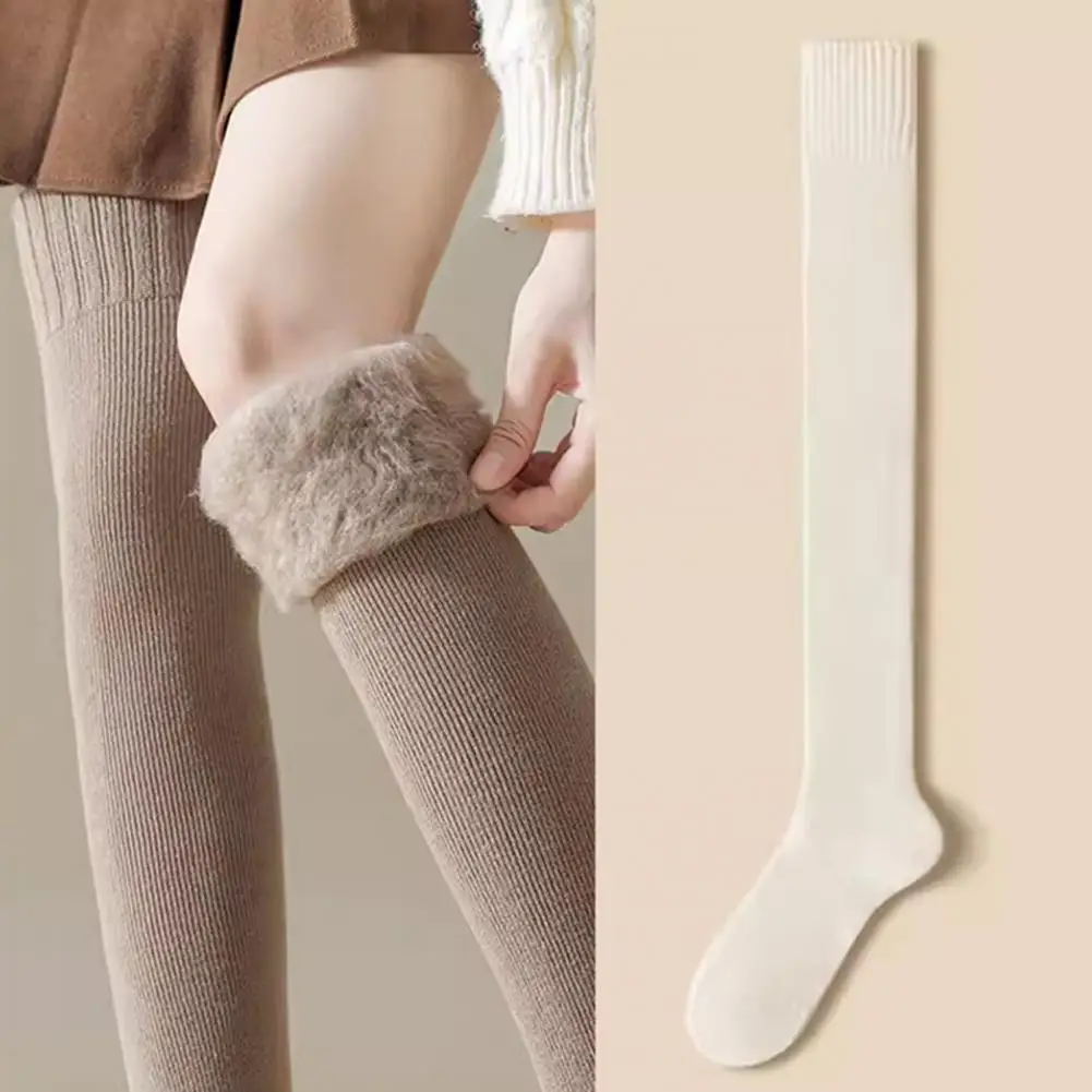 

Tight Socks Cozy Over Knee Winter Socks for Women Plush Anti-slip Stockings in Solid Colors Warmth Style for Various Occasions