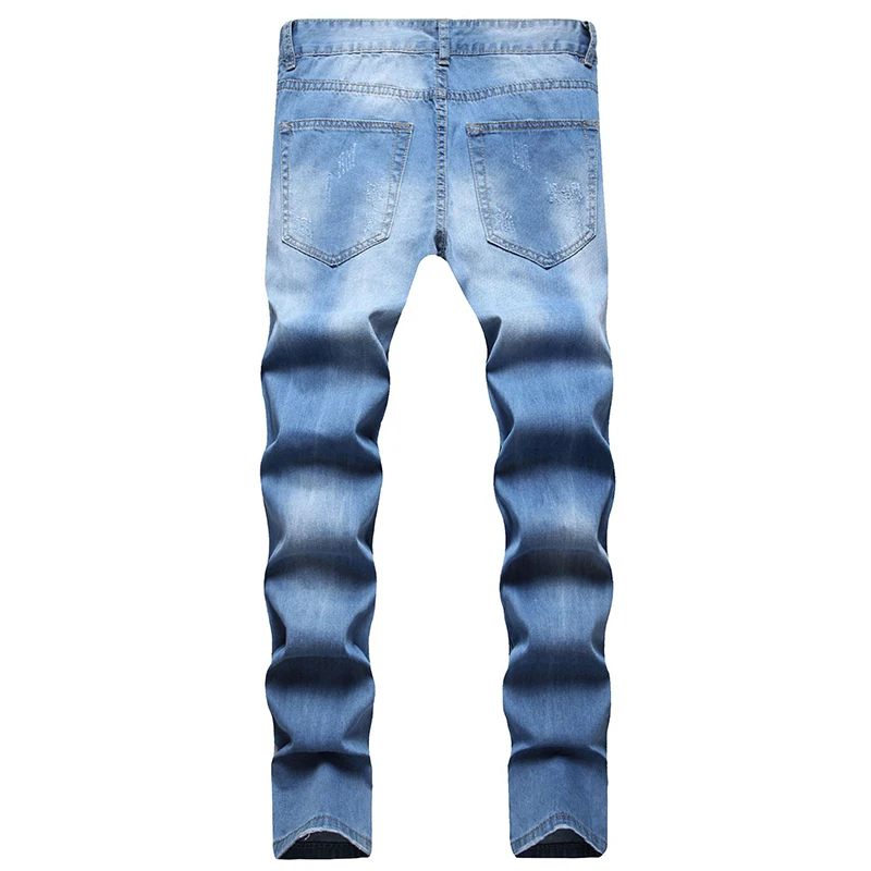 Pantalones vaqueros rasgados para hombre, Jeans delgados de primavera, azul claro, ajustados, pintura, elásticos, informales, de algodón, novedad de 2023