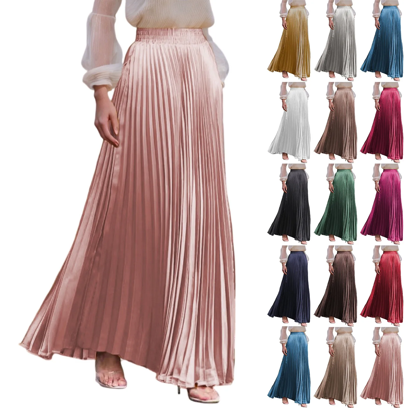 

Women's Elegant Pleated Solid Color A-line Half Skirt Fashion Daily Versatile Commuted Large Swing Floor-length Skirt