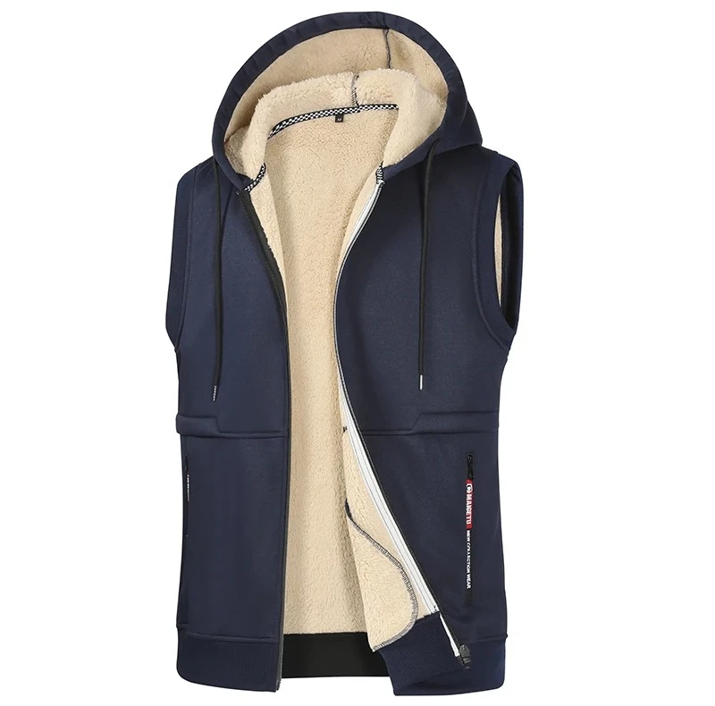 เสื้อกั๊กมีฮู้ดบุขนแกะหนานุ่มคุณภาพสูงสำหรับผู้ชาย ฤดูใบไม้ร่วง ฤดูหนาว