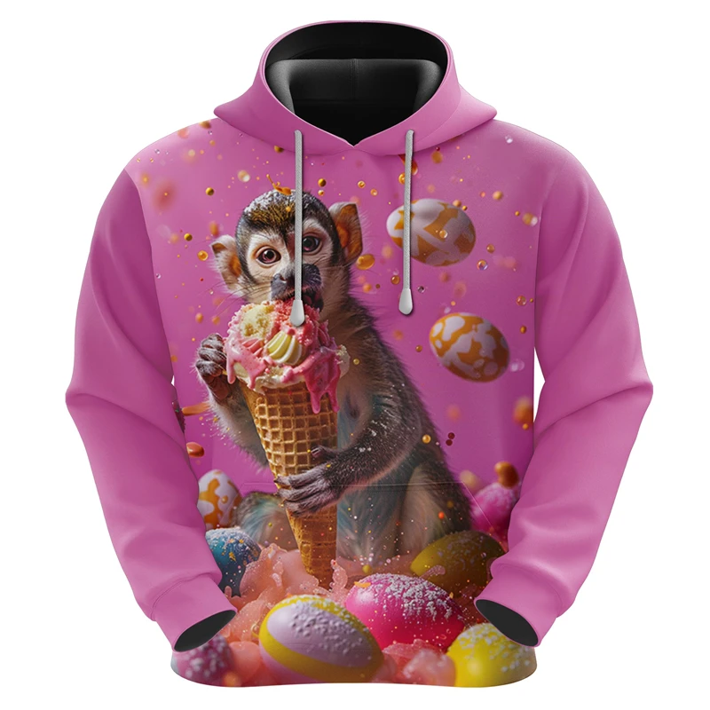 Cute Monkey Ice Cream Graphic Sweatshirts Pink Design Hoodies For Women Clothes Casual Female Hoodie Autumn Unisex Pullovers Top