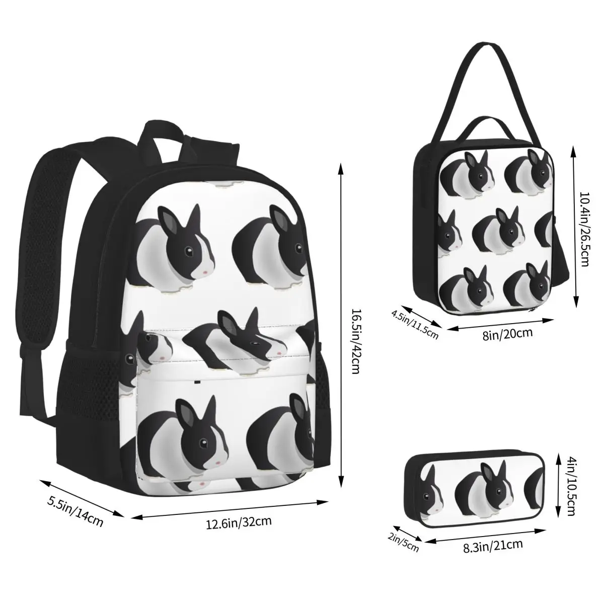 Dutch Black And White Rabbit Backpacks Boys Girls Bookbag School Bags Kids Rucksack Lunch Bag Pen Bag Three-Piece Set
