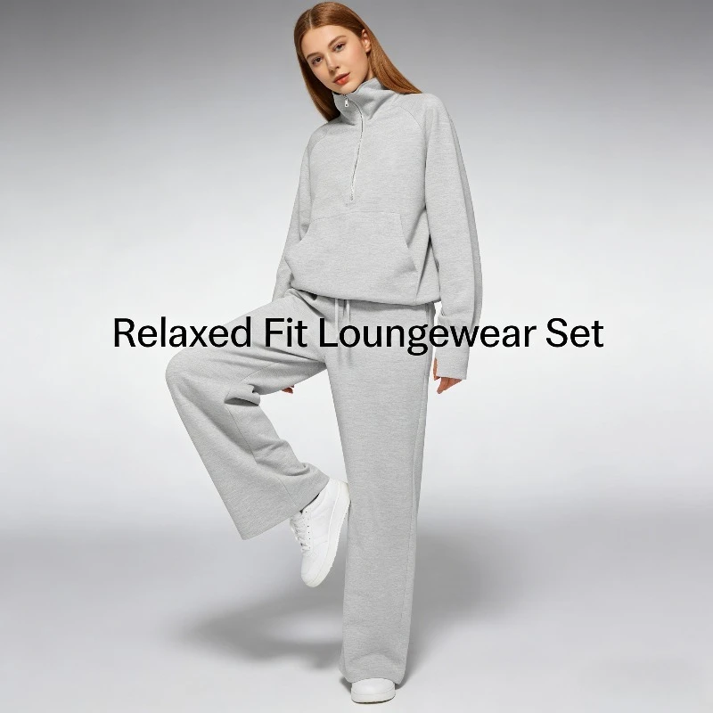 

Новый женский координатный комплект 2026, толстовка с половиной молнии и широкие брюки для спортзала, улицы и отдыха