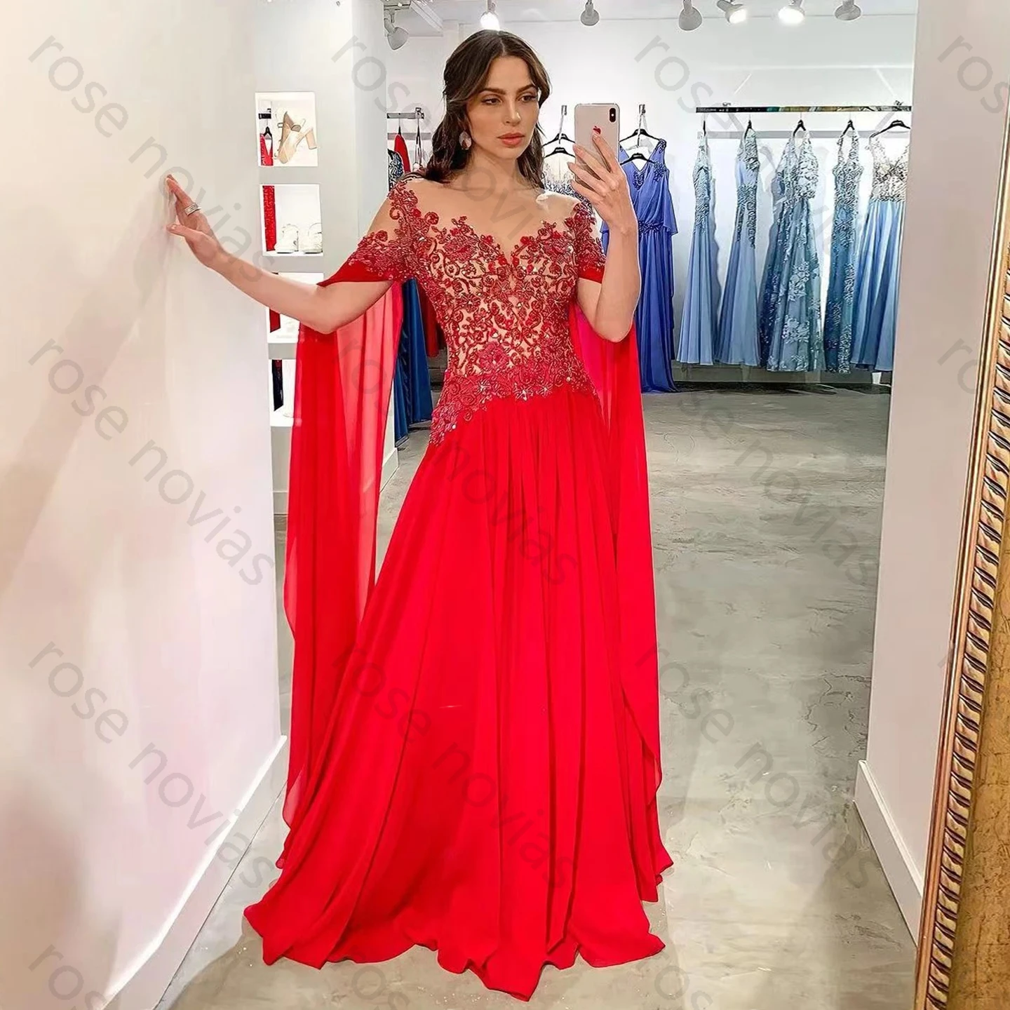 Wysokiej jakości elegancka sukienka wieczorowa w kolorze arabskiego czerwonego wina z szyfonu, zdobiona koralikami, z rękawami typu cape, idealna na przyjęcia weselne, model SS298, możliwość personalizacji.