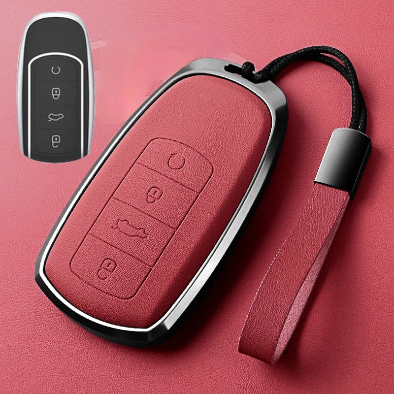 Car Key Protection Cover Volcanic Red Aluminum Alloy + Leather Simple Style Handmade Car Remote Key Case Cover for Exeed RX 2023