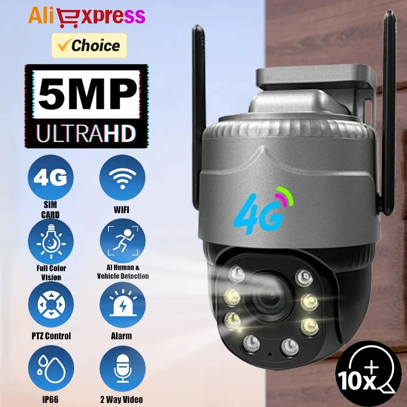 

V380PRO 3MP/5MP Outdoor Wi-Fi Camera 4G SIM CARD Color Night Vision IP66 Weatherproof 10X Zoom AI Human Detection Monitor