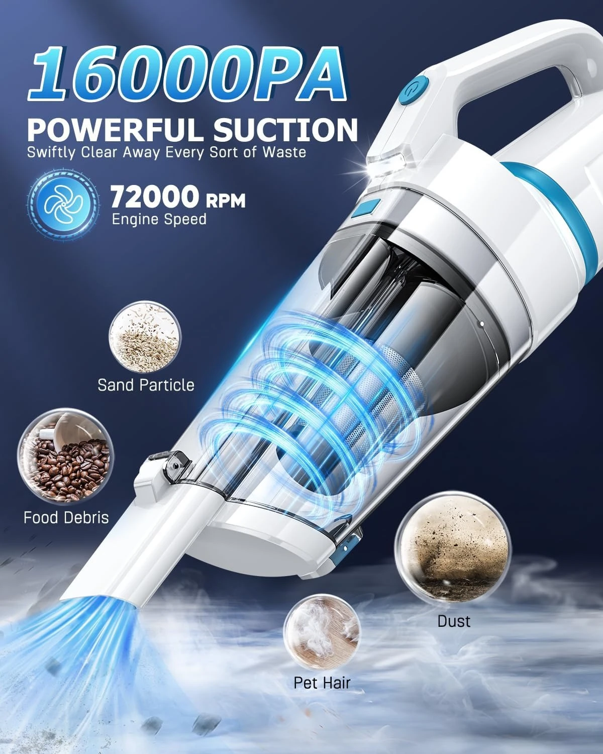 16000PA High Suction Rechargeable Cordless Handheld Vacuum Cleaner, Portable Car Vac with LED Light & Two Washable HEPA Filters for Home Car Office Use view 2