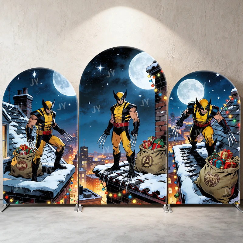 

Wolverine Christmas Rooftop Arch Backdrop Cover Moonlit Festive Scene With Gifts For Kids Birthday Baby Shower Photo Booth Decor