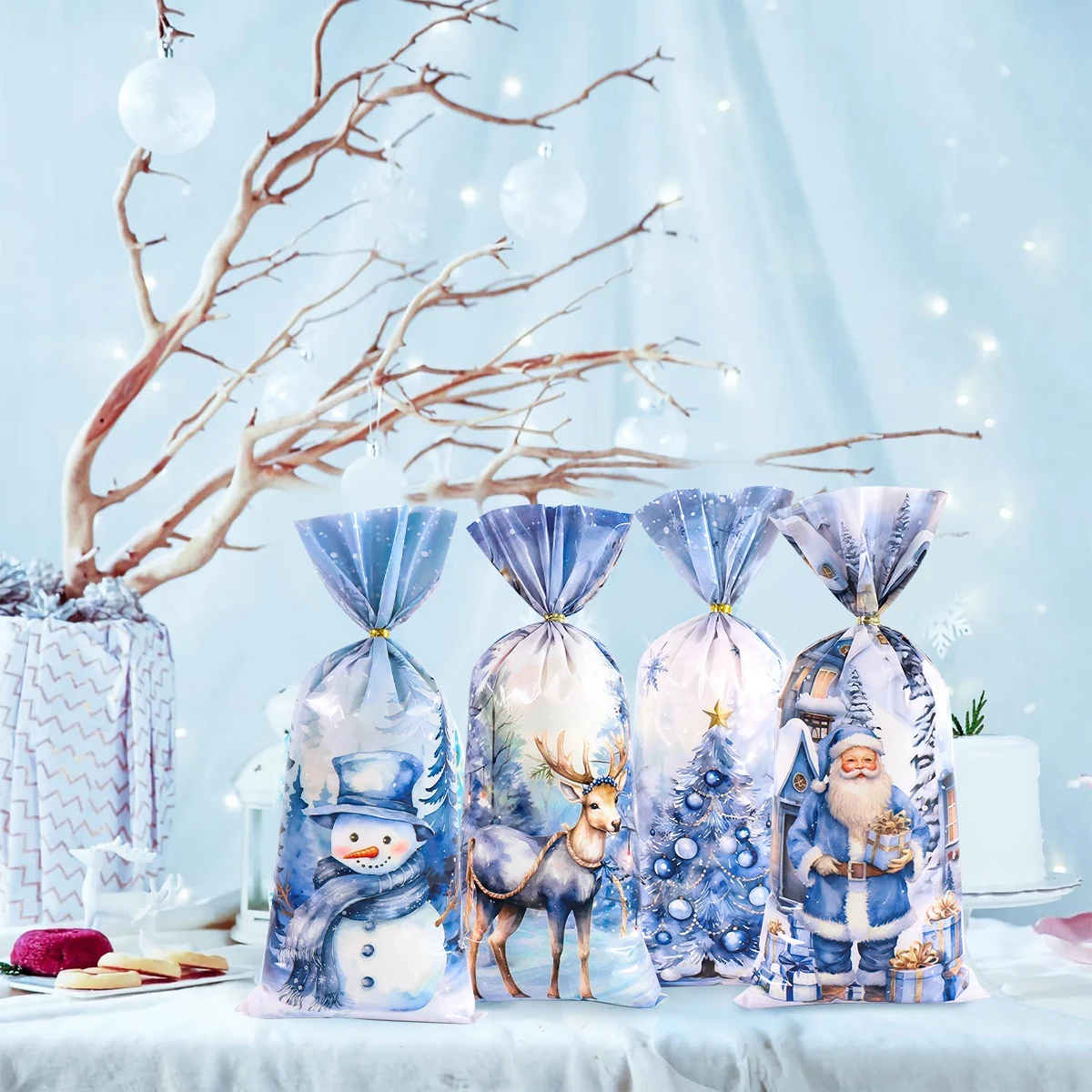 25/50/100 قطعة أكياس حلوى عيد الميلاد الزرقاء سانتا شجرة عيد الميلاد هدية التعبئة والتغليف حقيبة الشتاء عطلة زينة عيد الميلاد 2025 نافيداد نويل