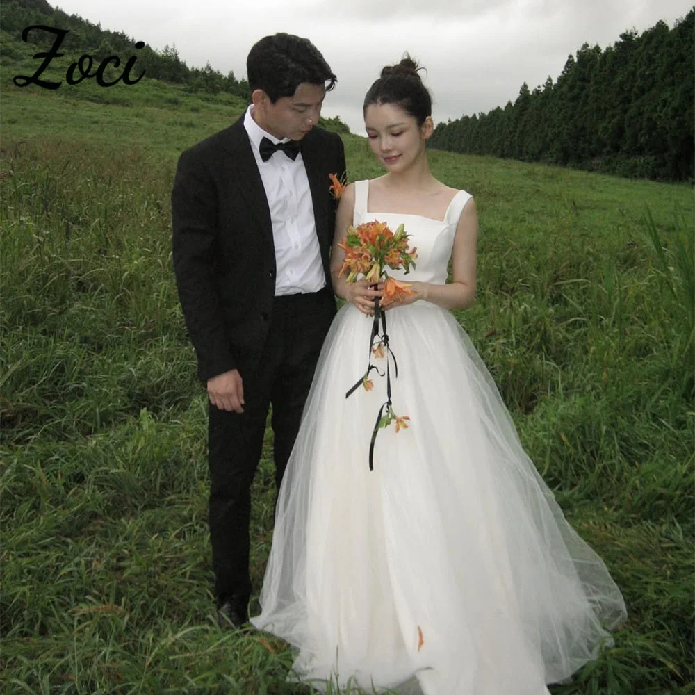 

Zoci Elegant Square Neck Korea Wedding Dresses Customized Photos Shoot Wide Straps Satin Tulle Dress Corset Backless Bridal Gown