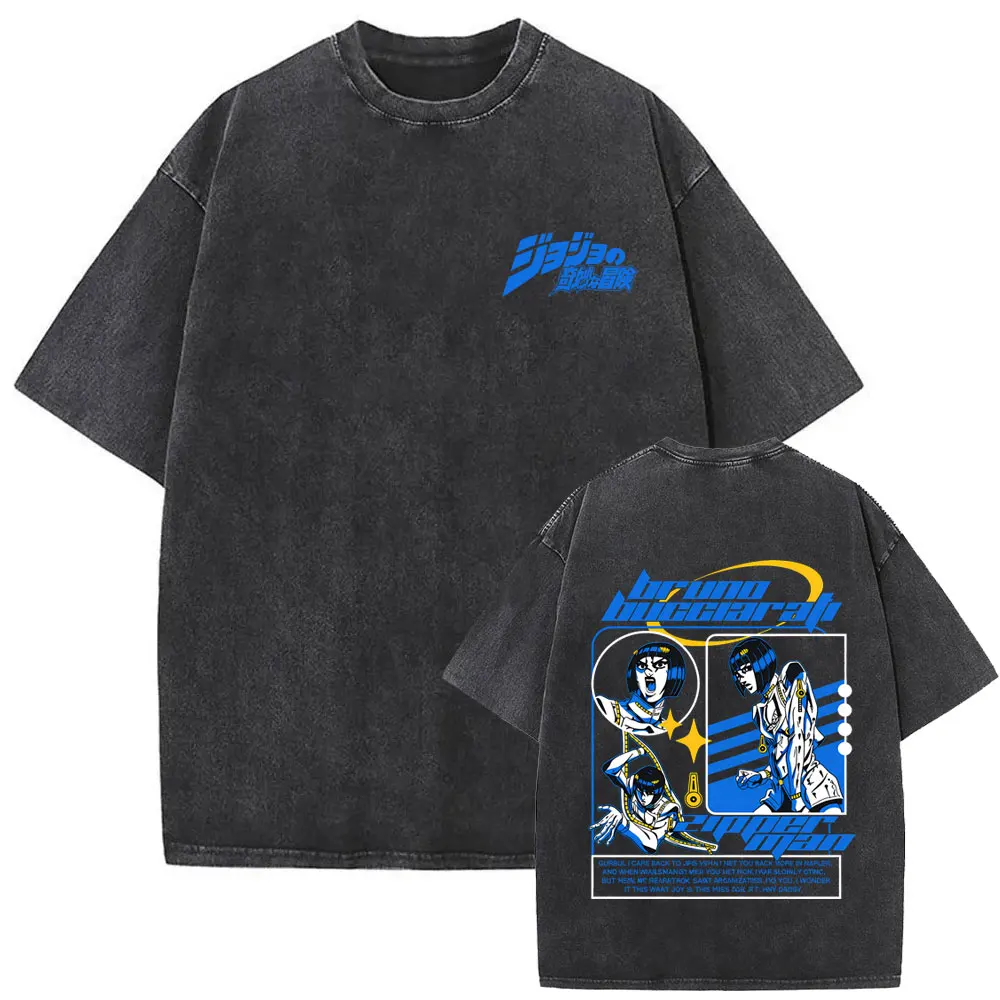 Anime Jojo's Bizarre Adventure Bruno Bucciarati Vintage Washed T Shirt Men Women Manga Retro T-shirts Male Oversized Streetwear