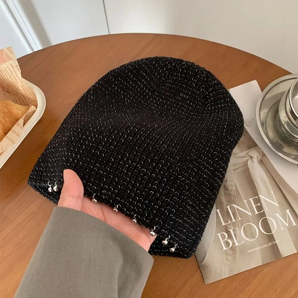 Fashion Nail Beads Decorative Beanies Warm Cap Black Sequin Knitted Hat Jennie Style Wool Hat Knit Cap Winter